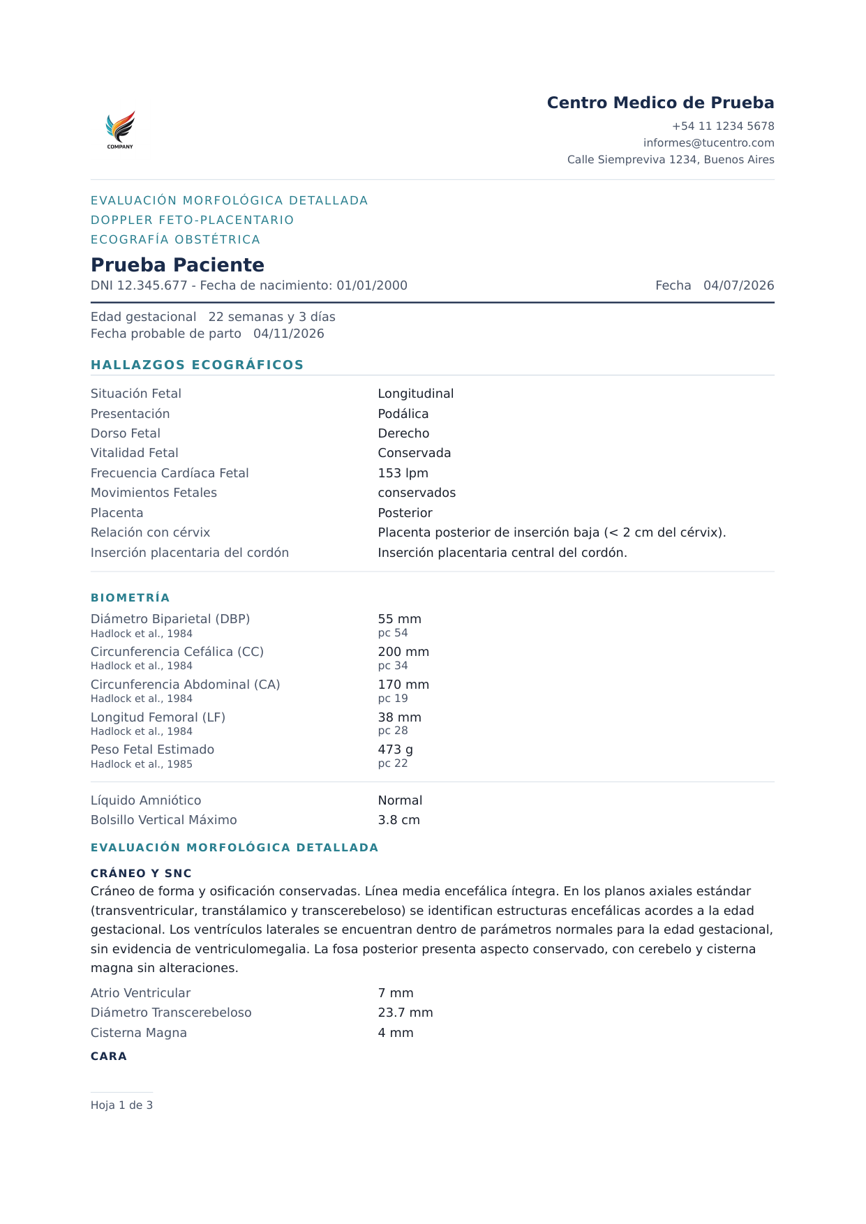 Hoja 1 de un informe de ecografía obstétrica generado con EchoKey: hallazgos ecográficos, biometría con percentilos y fuentes bibliográficas